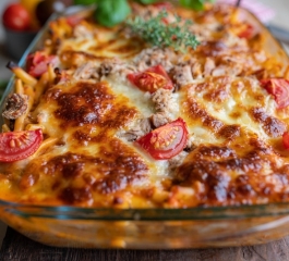 Caçarola de Atum com Macarrão, Molho de Creme de Tomate e Queijo Mussarela