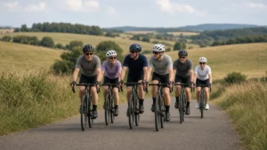 Grupo de ciclistas de distintas edades pedaleando juntos por una carretera rural