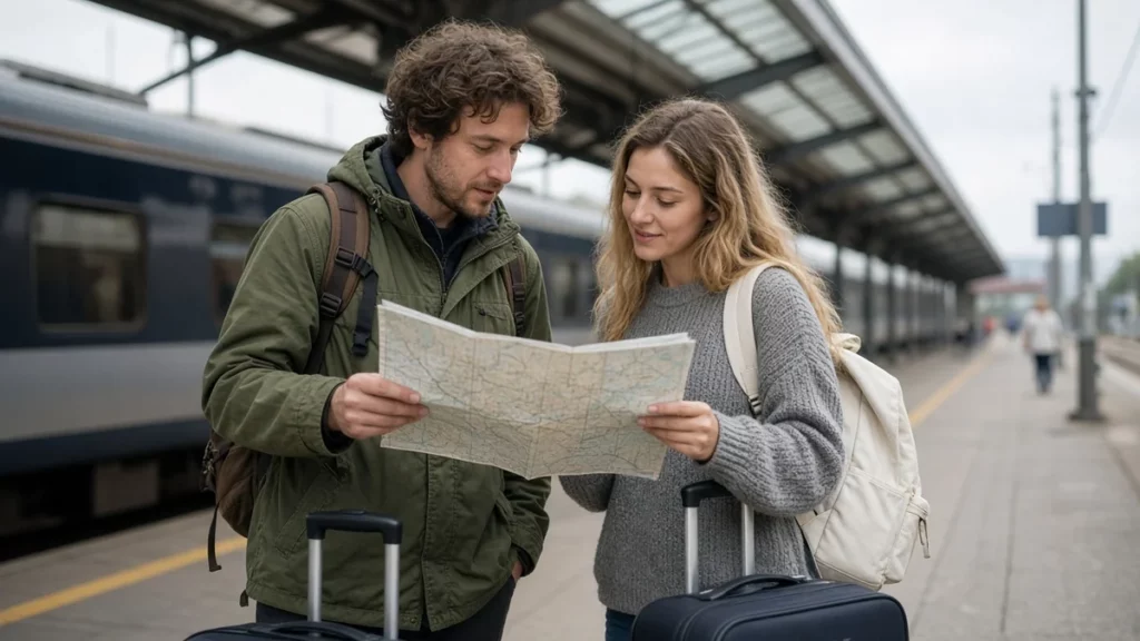 Dos viajeros con mochilas consultando un mapa juntos en el andén de una estación de tren