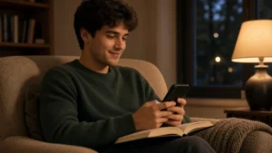 Joven tranquilo sonriendo al teléfono en un sillón junto a una lámpara, con un libro en el regazo