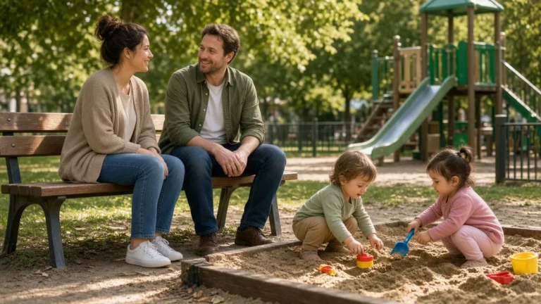Dos familias conversando en un parque infantil mientras los niños juegan, una forma de crear una red de apoyo con otras familias