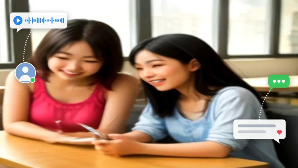 Dos jóvenes de distintas culturas conversando sonrientes en una cafetería