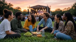 Personas compartiendo comida sobre el césped durante un concierto al aire libre al atardecer