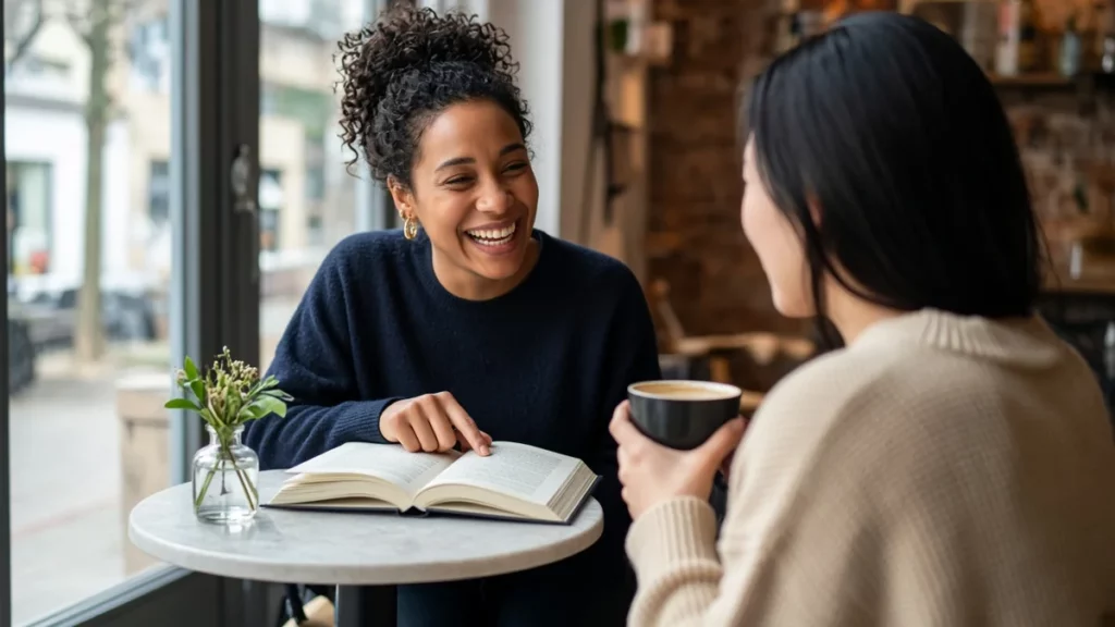Dos mujeres de distintas culturas riendo en una cafetería durante un intercambio de idiomas con un libro abierto