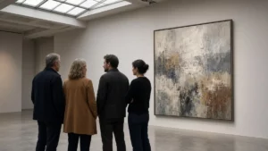 Grupo de personas conversando frente a un cuadro en la sala de un museo