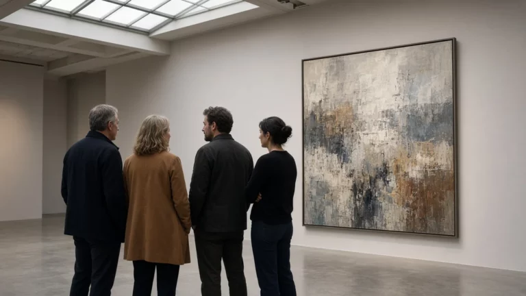 Grupo de personas conversando frente a un cuadro en la sala de un museo