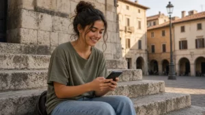 Joven sonriendo a su teléfono sentada en unas escaleras de piedra en una plaza