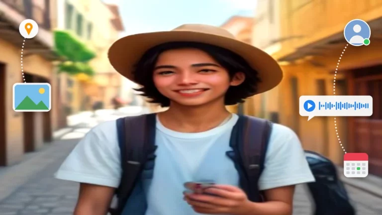 Joven viajero sonriente con mochila mirando su teléfono en una calle colorida