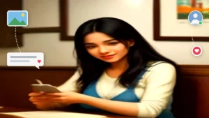 Mujer joven sonriente leyendo un libro en una cafetería con su teléfono sobre la mesa