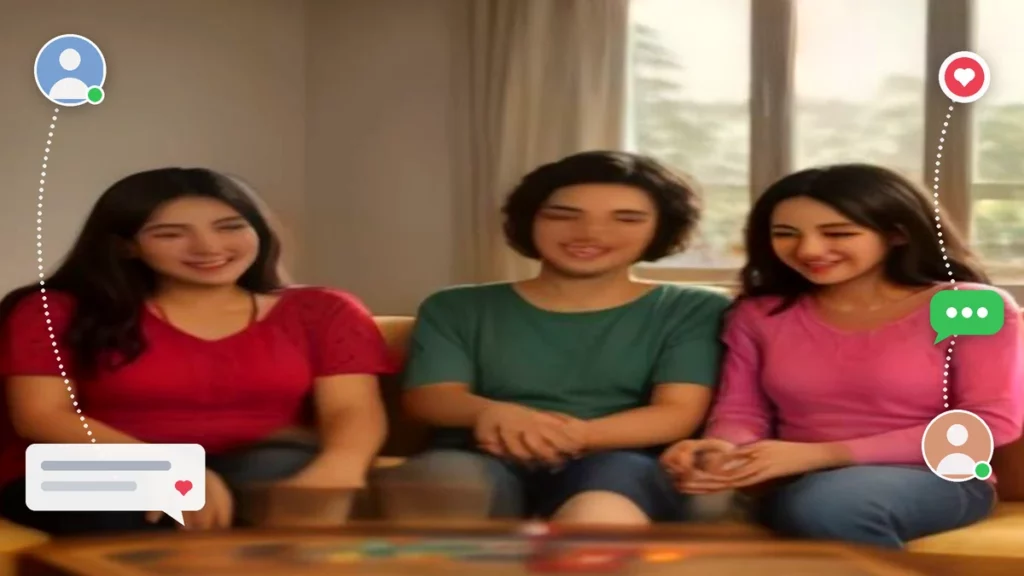 Grupo de amigos sonrientes jugando a un juego de mesa en un salón luminoso