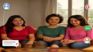Grupo de amigos sonrientes jugando a un juego de mesa en un salón luminoso