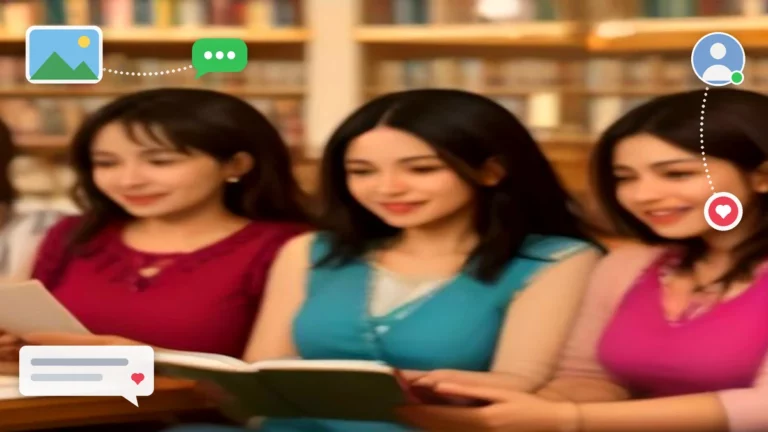 Grupo de adultos sonrientes en un club de lectura con libros y un teléfono