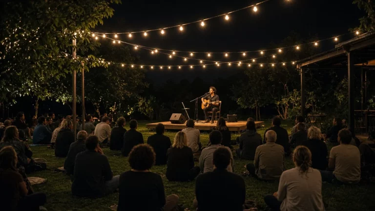 Grupo de personas disfrutando de un concierto acústico al aire libre bajo luces cálidas