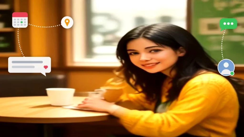 Mujer sonriente en una cafetería escribiendo en su teléfono con íconos de calendario, reloj y ubicación flotando alrededor