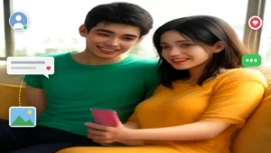 Pareja joven sentada en un sofá mirando sus teléfonos con íconos de mensajes y corazones flotando