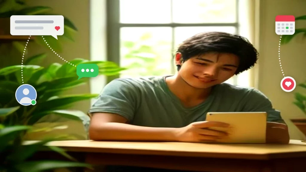 Joven sentado en un escritorio ordenando conversaciones en su teléfono con tarjetas de chat organizadas alrededor