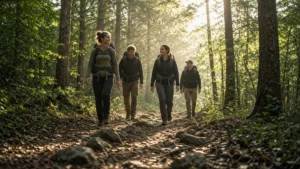 Grupo de amigos caminando por un sendero de montaña con mochilas en una mañana soleada