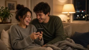 Pareja riendo en el sofá mientras se muestran algo en sus teléfonos