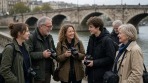Grupo de aficionados a la fotografía de distintas edades compartiendo un paseo fotográfico