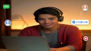 Joven sonriente con auriculares conversando en una comunidad online desde su portátil