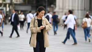 Mujer esperando en una plaza pública concurrida mientras revisa su teléfono antes de un primer encuentro