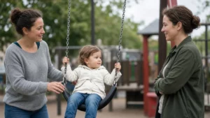 Madre e hijo pequeño jugando en un parque junto a otra madre con su hija