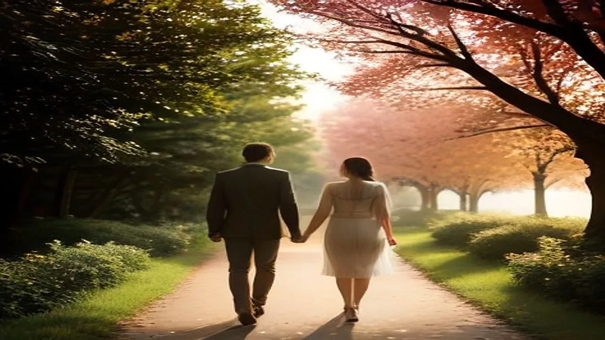 Pareja caminando de la mano por un sendero arbolado al atardecer, símbolo de conexión emocional