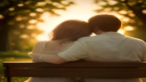 Pareja sentada de espaldas en un banco del parque al atardecer, abrazada y en calma