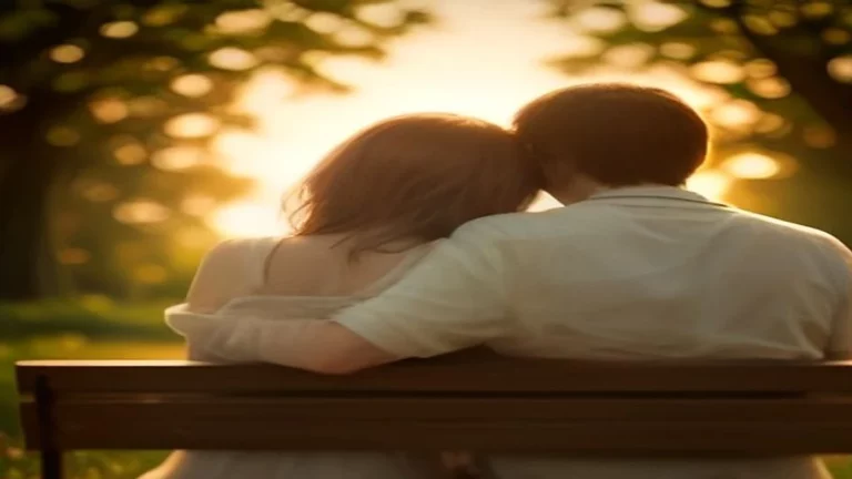 Pareja sentada de espaldas en un banco del parque al atardecer, abrazada y en calma