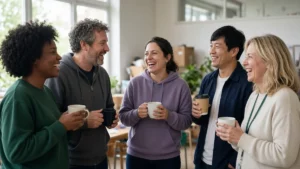 Grupo de personas nuevas riendo con café en las manos durante un encuentro comunitario
