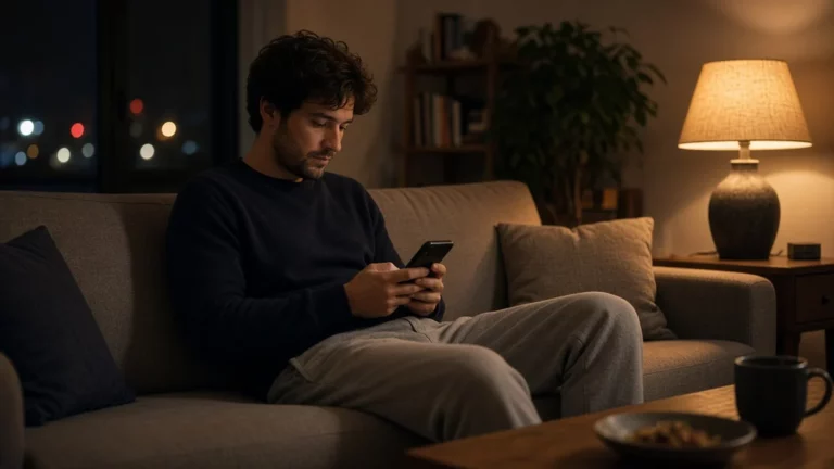Hombre sonriente escribiendo un mensaje en su teléfono sentado en el sofá de su salón