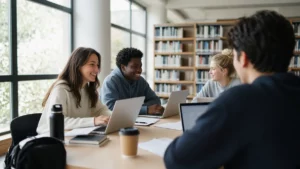 Grupo de estudiantes estudiando juntos y riendo en una biblioteca luminosa