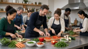 Grupo de personas cocinando juntas y riendo en un taller de cocina con delantales