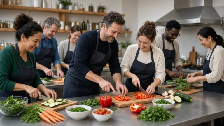 Grupo de personas cocinando juntas y riendo en un taller de cocina con delantales