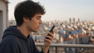Joven grabando una nota de voz con su teléfono en un balcón al atardecer