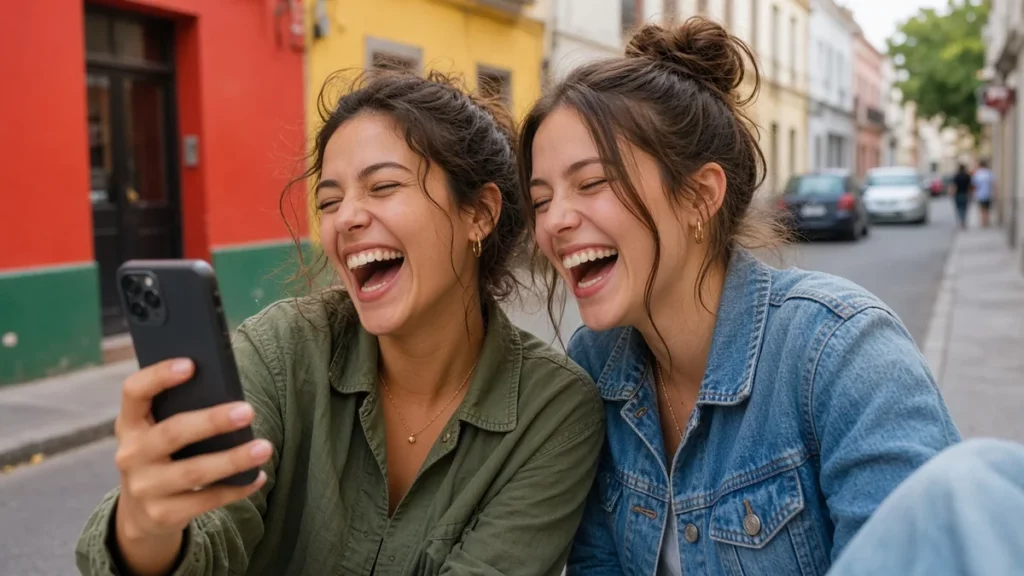 Dos amigas riendo mientras se hacen una foto espontánea en una calle peatonal soleada