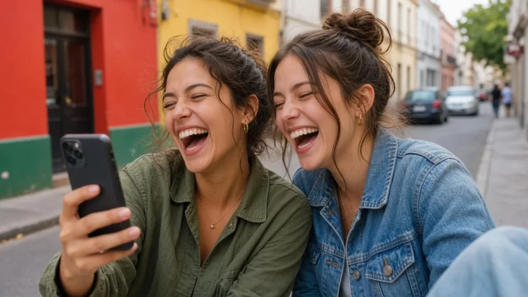 Dos amigas riendo mientras se hacen una foto espontánea en una calle peatonal soleada