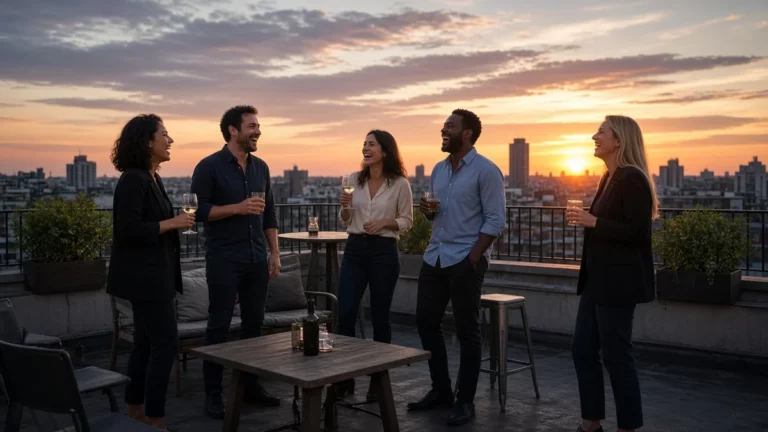 Grupo de profesionales conversando y riendo en una terraza al atardecer después del trabajo