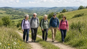 Grupo de personas mayores de 50 caminando y conversando en una ruta por el campo