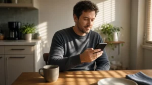 Hombre relajado revisando sus chats en el teléfono en la mesa de la cocina con una taza de café
