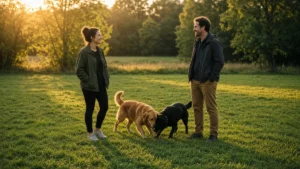 Dos personas charlando en un parque mientras sus perros juegan juntos sobre el césped