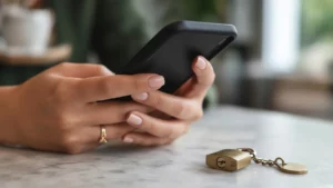 Manos sosteniendo un teléfono sobre una mesa junto a un llavero con forma de candado, símbolo de privacidad