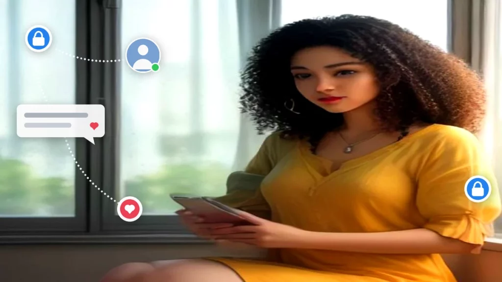 Mujer revisando la configuración de privacidad en su teléfono con íconos de candado y escudo flotando alrededor