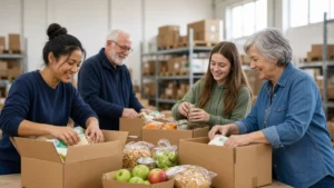 Voluntarios de distintas edades preparando cajas de alimentos juntos en un almacén luminoso